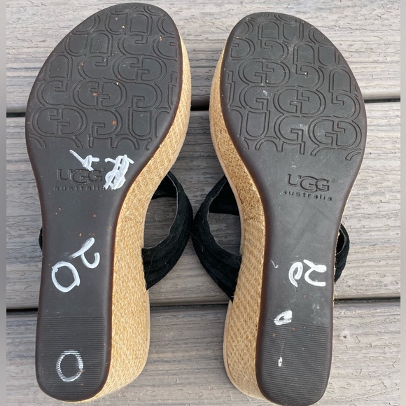 Ugg Wedges Black Suede Thong Straw Wicker Heels Size 8 - Picture 5 of 7